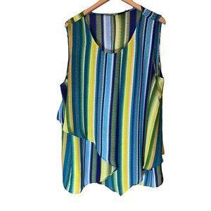 Worthington Sleeveless Blue, Green and Yellow Striped Layered Top Size 2X‎